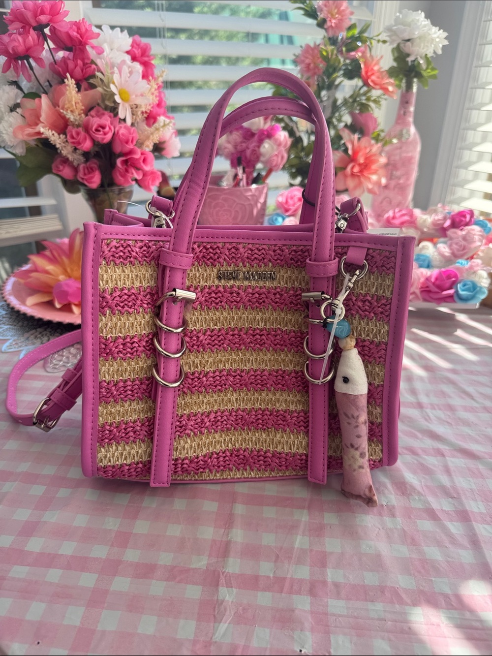 Steve Madden Pink and Natural Straw Satchel with Gold Hardware